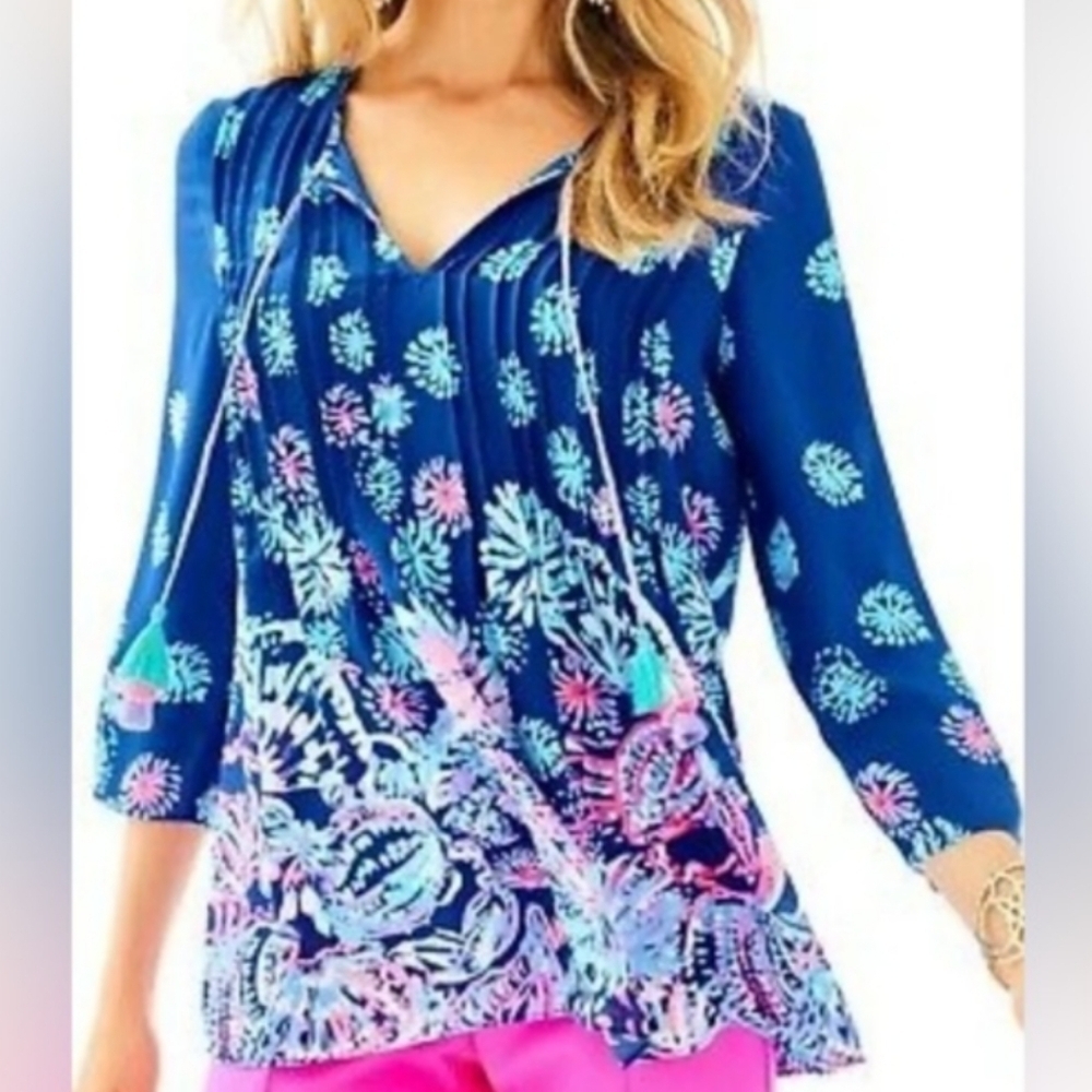 Lilly Pulitzer tessels boho pleated floral blue blouse tunic Small @V